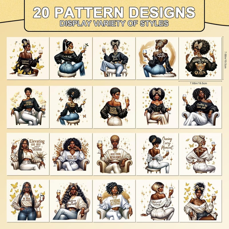 Shejdgart Dtf Transfers Ready to Press - 20 Pcs African American Women Iron on Transfers for T-Shirts Black Girl Heat Transfer Vinyl Patches Decals for Clothes Bag Pillow DIY Decor - Image 2